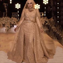 Glitter gouden lovertjes formele avondjurken kristallen kralen hoge nek lange mouwen elegante Saoedi -Arabische moslim prom ledematen jurken voor vrouwen