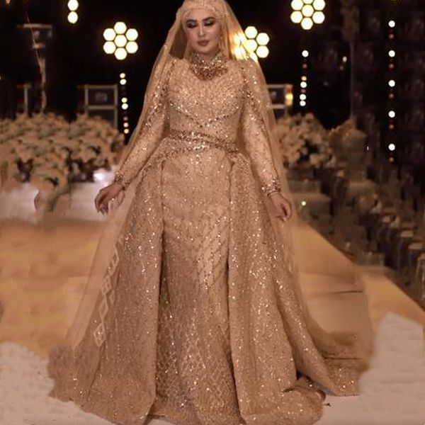 Paillettes d'or paillettes robes de soirée formelles cristaux perlés col haut manches longues élégant saoudien arabe musulman robes de bal occasion pour les femmes