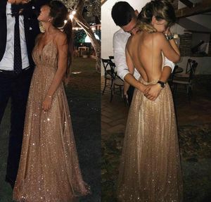 2022 Glitter Gouden Lovertjes Lange Avondjurken Sexy Backless Spaghetti Straps Prom Feestjurken Vakantie Strand Sparkly Speciale Gelegenheden Jurk