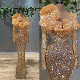 Paillettes Glitter Gold Sequins Robes de bal sirène 2022 Manches longues Plus Taille Train Balayer Train Formel Soirée Robes d'occasion pour Femmes arabes Vestdidos de Novia