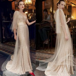 Paillettes dorées une épaule sirène robes de soirée Bling paillettes rubans longue tenue d'événement formel 2021 nouvelle robe de soirée de bal robes de réception