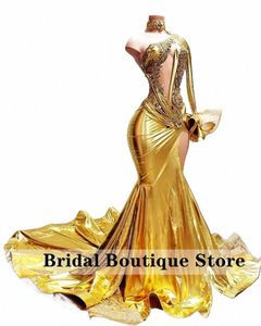 Glitter Golden Prom DR 2023 One Sleeve High Split Beads Crystal Luxe bruiloft Verjaardagsfeestjurken Robe de Bal R2Hz#