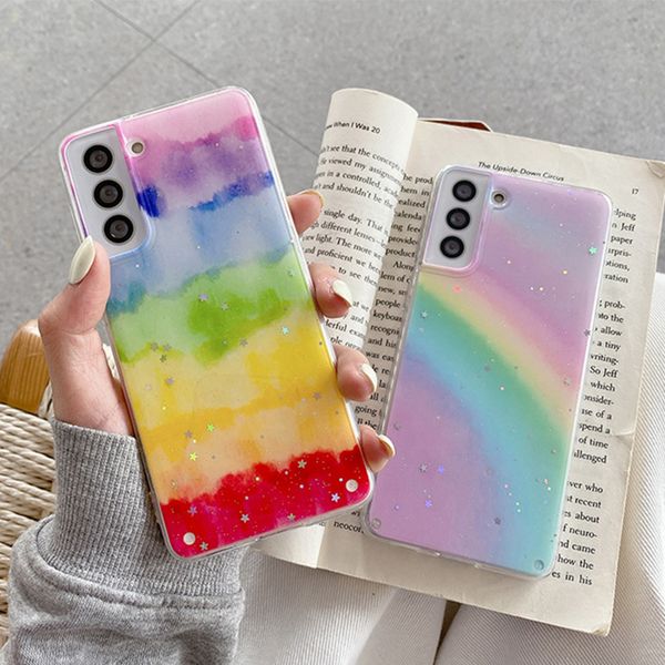 Cas arc-en-ciel de gradient de paillettes pour Samsung S20 Fe S21 Plus A32 A72 A52 A51 A71 Note 20 10 étoiles Couverture de téléphone Soft Soft