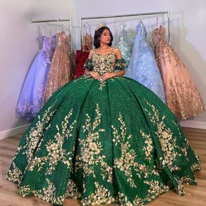 Paillettes vert Quinceanera robes chérie robes de bal robe de fête d'anniversaire fleur Appliques robe De 15 Anos doux 16 robe de bal 326 326