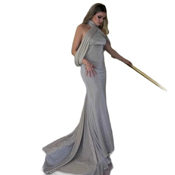 Paillettes gris sirène robes dos nu plissé robe de célébrité balayage Train femmes formelle soirée porte 326 326