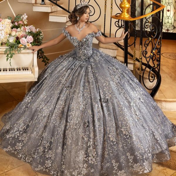 Robe Quinceanera grise à paillettes, épaules dénudées, avec des Appliques en dentelle, en tulle, perles découpées, paillettes, pour 15 filles, robes formelles de bal