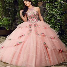 Glitter halter roze quinceanera jurken baljurk bloem kant prinses zoete 16 jurk gezwollen formele prom jurken vestidos fiesta gewaden de soirée