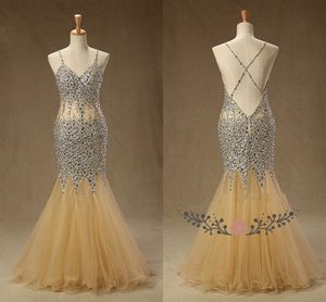 Sparkly Champagne Mermaid Goedkope Prom Jurken met Bling Crystals Beaded Backless Long Tulle See Through Taille Sequin Beaded Avond Formal