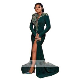Glitter Hunter Green Evening Jurken kralen kristal Afrikaanse prom -jurk zijde Split vrouwen beroemde jurk met lange mouw 326
