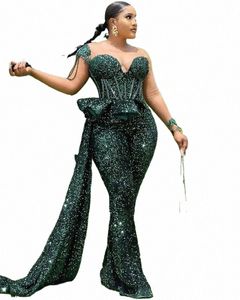 Glitter Hunter Green Lentejuelas Monos Prom Dres Sheer Cuello Lentejuelas Lujo Africano Mujeres Vestidos de noche formales Vestidos de l6Cr #