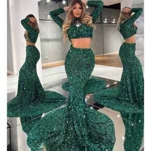 Glitter Hunter Groen Pailletten Prom Jurken Twee Stukken Mouwen Zeemeermin Lange Feestjurk Vrouwen Elegant Pageant Toga Aangepaste 322