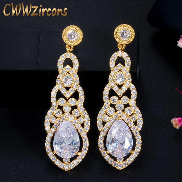 Glitter Indian African Gold Dangle Drop Cubic Zirconia Piedra Mujeres Pendientes de fiesta largos para boda Joyería de fiesta CZ657 210714