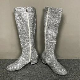 Glitter Women 758 Knee BERZIMER High Boots Side Zip Low Chunky Heels Sequined Party Bling Shoes Woman Zapatos Large Size 44 47 50 52 231219 85911 16965 18625