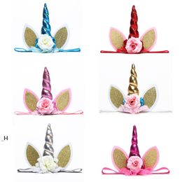 Glitter kant unicorn hoofdband feestartikelen meisjes chiffon bloemen haarband kinderen cosplay kroon kinderen verjaardagsfeestje schattige kat gca13274