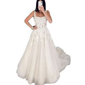 Glitter Lace trouwjurken Mouwloze vierkante nek Appliques Bohemia Bruidjurken Women A-Line Princess Bride Dress