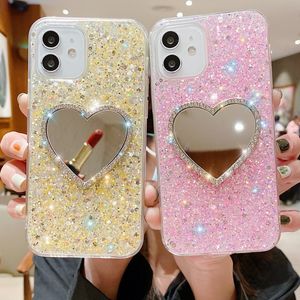 Glitter dames telefoonhoesjes met make -upspiegel voor iPhone 14 Pro Max 13 12 11 xs XR 8 7 Luxruy Rhinestone -pailletten Cover Shockproof Anti Drop