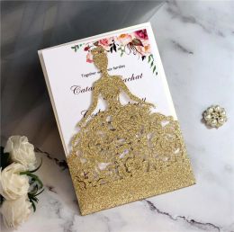 Glitter láser corta corona princesa tarjetas de invitaciones para cumpleaños quinceanera rosa niña invitaciones de boda de moda