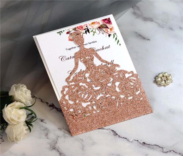 Glitter Laser Cut Crown Princess Invitaciones Tarjetas para cumpleaños Quinceañera Rose Girl Invitaciones de boda Moda Hollow out Greet7943670