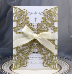 Invitaciones de boda Invitación cortada con láser brillante para invitación de boda plegable dorada