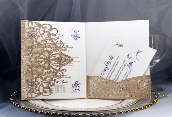 Cartes d'invitation de mariage au laser à paillettes Cartes de mariage de douche nuptiale creux de la douche de la douche de fiançailles