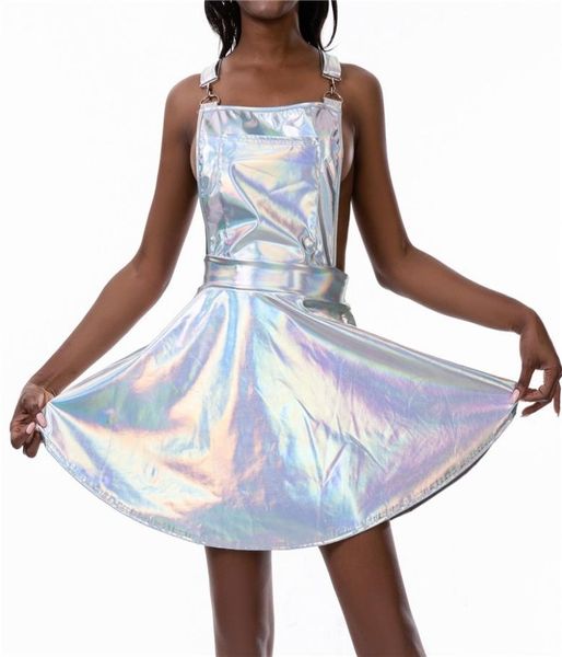 Paillettes Laser holographique robe a-ligne femmes dos nu croisé sangle humide Look automne mode Sexy Mini robes Y2001207836355