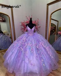 Glitter lavendel prinses Quinceanera -jurken met boog off -schouder pailletten bloemen appliques kralen zoete 15e prom -feest