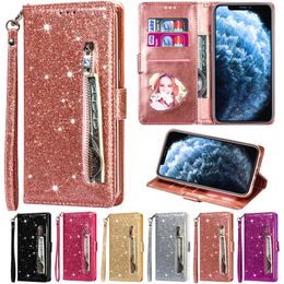 Glitter lederen ritsje portemonnee flip cases fotolijst kaart slot tpu cover gratis riem voor samsung s20 fe s21 s22 ultra a13 a23 a33 a53 a03s a12 a22 a32 a42 a52 a72 a51 a71 a31