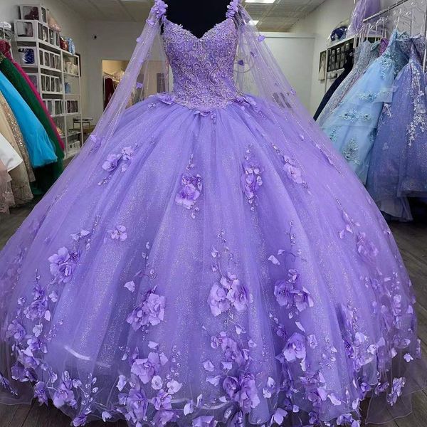 Glitter Light Purple Quinceanera Robes Bretelles Spaghetti Avec Wrap Sweet 15 Robes 3D Fleur Appliques Perlée Prom Party Vestidos Étage Longueur 2023