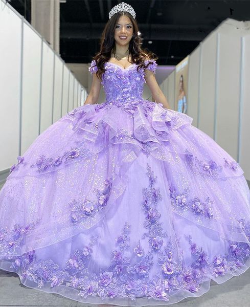 Paillettes lilas paillettes robes de Quinceanera 3D fleurs dentelle appliques niveaux volants luxe princesse douce 15 robe de bal fête Pageant robe de bal pour les jeunes filles 2023