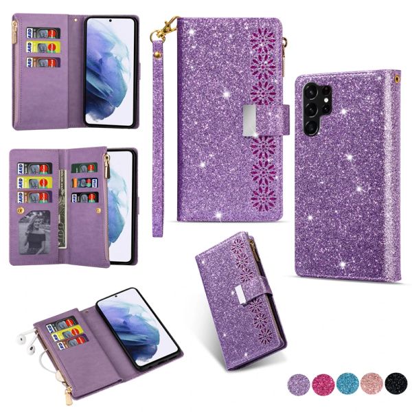 Étui portefeuille magnétique à paillettes pour Samsung Galaxy S23 Ultra S22 S21 S20 Plus S20 S21 FE Note 20 S10, étui à rabat en cuir PU avec porte-cartes