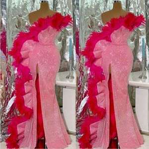 Glitter Mermaid Prom Dresses Unieke Ontwerpers Feather Avondjurken Side Split Party Club Draag Robe de Soiree