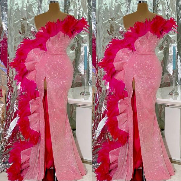 Glitter Mermaid Prom Dresses Diseñadores únicos Plumas Vestidos de noche Side Split Party Club Wear robe de soiree