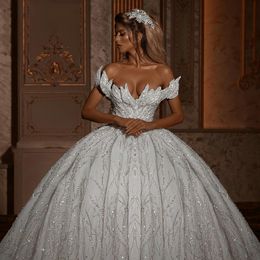 Glitter Off schouderbal jurk trouwjurken 2021 Sparkly Bacleloze bruidsjurken met lange treinvestidos de novia robe mariiee