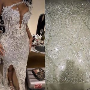 Glitter Een Kralen Schouder Prom Dresses Side Split Sexy Lange Avondjurken Voor Vrouwen 2024 Pailletten Illusion Speciale Ocn Jurk