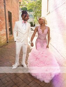 Glitter roze kristallen prom -jurken 2024 voor zwart meisje kralen diamanten strass puffy ruches lange avondjurk Vestidos