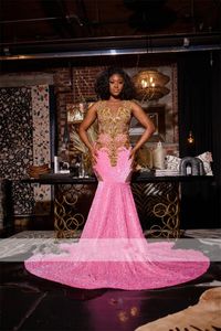 Glitter Pink Mermaid Prom Dress 2024 voor zwarte meisjes Sparkly Gold Crystal Rhinestones Beading Birthday Party Sequins jurken 0416