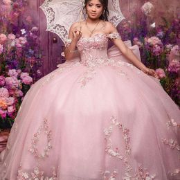 Vestido para quinceañeras de color rosa brillante, apliques mexicanos de encaje florales, 15 vestidos Para fiesta de cumpleaños de talla grande, 2024