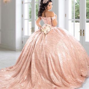 Robe Quinceanera rose à paillettes, épaules dénudées, avec des Appliques en dentelle, perles découpées, paillettes, pour 15 filles, robes formelles de bal