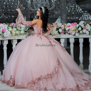 Robes De Quinceanera rose scintillantes avec manches robe de bal chérie sequin robe de fête d'anniversaire de quinze ans robes De xv 15 Anos 2024 Corset princesse douce 16 robe