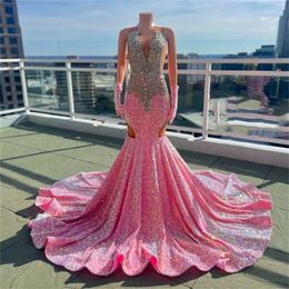 Glitter roze pailletten prom jurk zwarte meisjes 2023 plus size mermaid blauw aso ebi formele feestjurken luxe kristal brithday slijtage femme vestidos de fiesta diploma