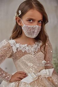 Glitter Roze Lovertjes Bloemenmeisjes Jurken Lange Mouwen Kant Verjaardag Bruiloft Gast Robe De Demoiselle Prinses Communion336i