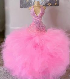 Glitter Pink Tutu TuLle Mermaid Prom jurken sexy backless mouwloze lange brithdday feestjurken