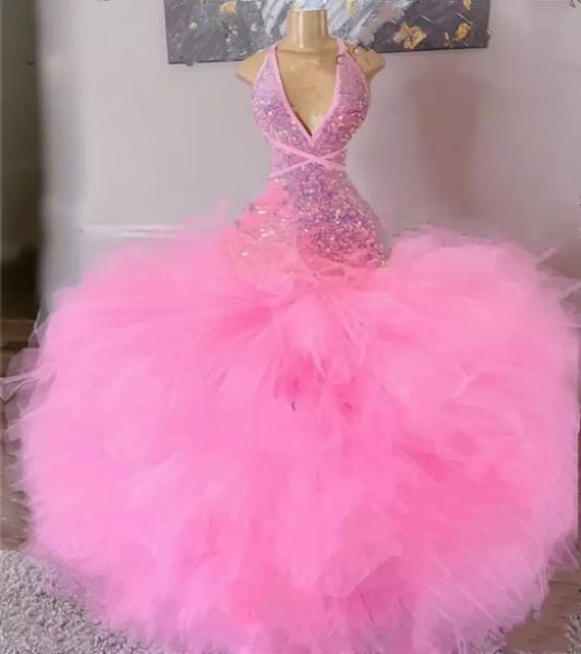 Glitter Pink Tutu Tulle Sirena Vestidos de fiesta Sexy Sin espalda Sin mangas Vestidos largos de fiesta de cumpleaños Ropa de noche con lentejuelas africanas para niñas negras 2023