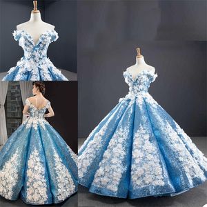 Glitter Prinses Avondjurken Off Shoulder 3D Floral Geappliceerd kralen Pailletten Prom Pageant Jurk Robe de Mariée Sweep Train Pas Formele Partyjurken aan