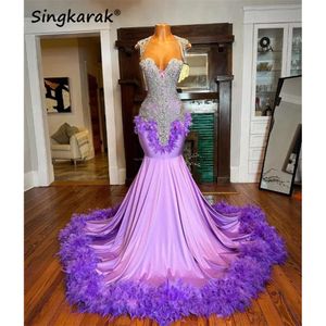 Glitter paarse diamanten prom jurk glanzende kralen kristal strass rhinestones veren verjaardagsfeestje avondjurken vestidos