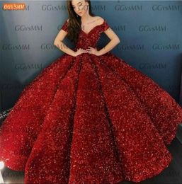 Glitter rode avondjurken Pageant Off Schouder lovertjes Lace Up Ball Gown Robe de Soiree Long Custom Made Gala Formal Dress LJ20126725289