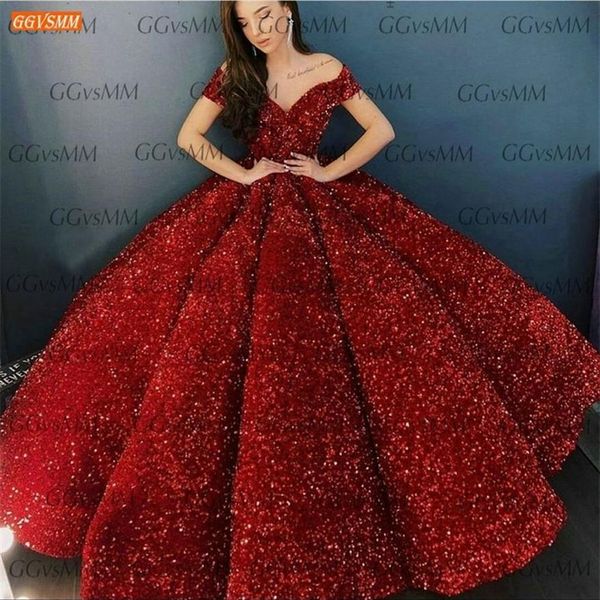 Robes de soirée rouge scintillantes Pageant hors épaule pailletée à lacets robe de bal robe de soirée longue sur mesure Gala robe formelle LJ2012238q