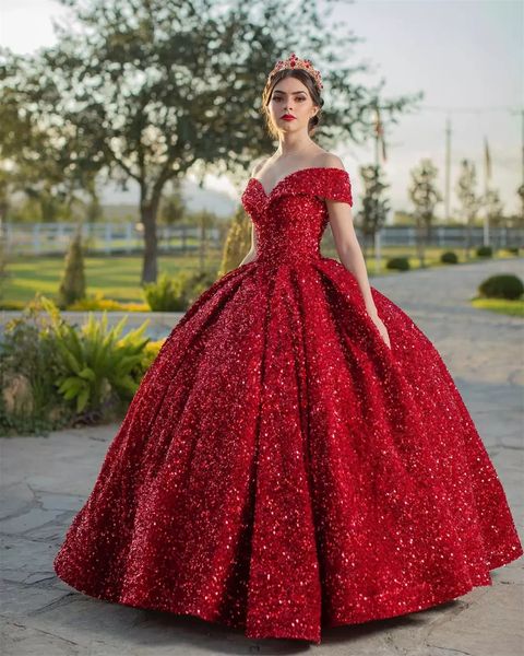 Paillettes Rouge Paillettes Quinceanera Robes De Bal Mascarade Robe De L'épaule Princesse Fille Longue Douce Solide Couleur Rouge Noir