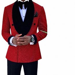 Paillettes rouges paillettes hommes costumes marié mariage smoking double boutonnage blazer formel busin bal Dr 2 pièces Traje De Hombre F6Gx #