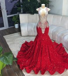 Glitter rood sexy zeemeermin prom jurken 2023 pure nek kristal pailletten verjaardagsfeestjurken Homecoming Robe de Bal